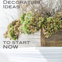 Early fall decorating ideas to start now. Dried hydrangeas in a wood planter on a mantel.