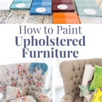 Before and after photos of a wing chair that was painted with chalk paint. Text overlay says How to Paint Upholstered Furniture.