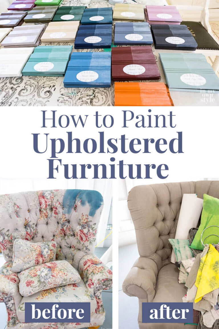 Before and after photos of a wing chair that was painted with chalk paint. Text overlay says How to Paint Upholstered Furniture.