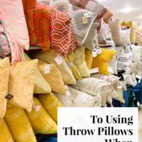 Decorative throw pillows on sale at HomeGoods. Text overlay says the better option to using throw pillows when decorating.
