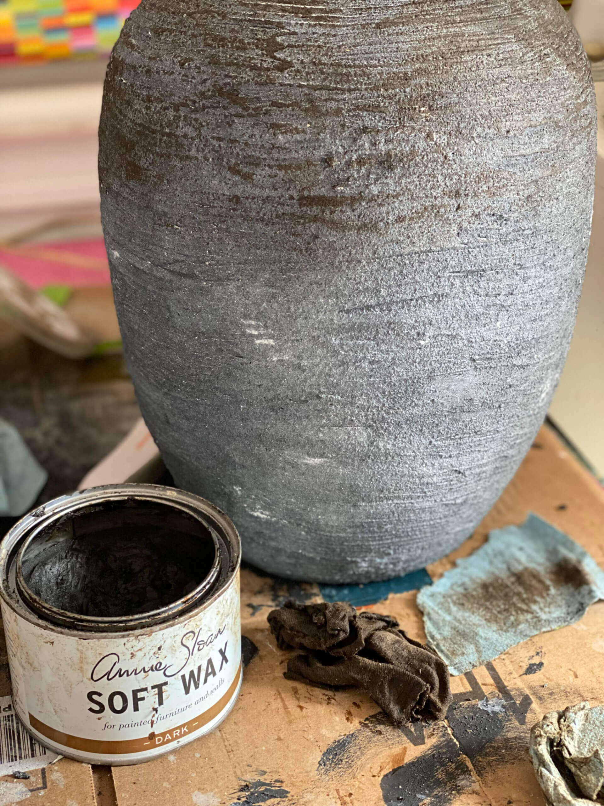 Adding a dark wax layer over textured paint on a DIY table lamp