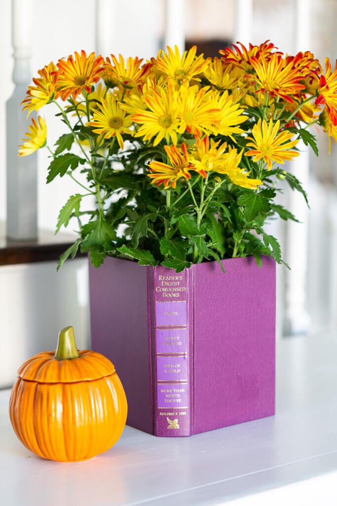 Home Decorating idea using thrift store bought books- a mum planter pot cover.