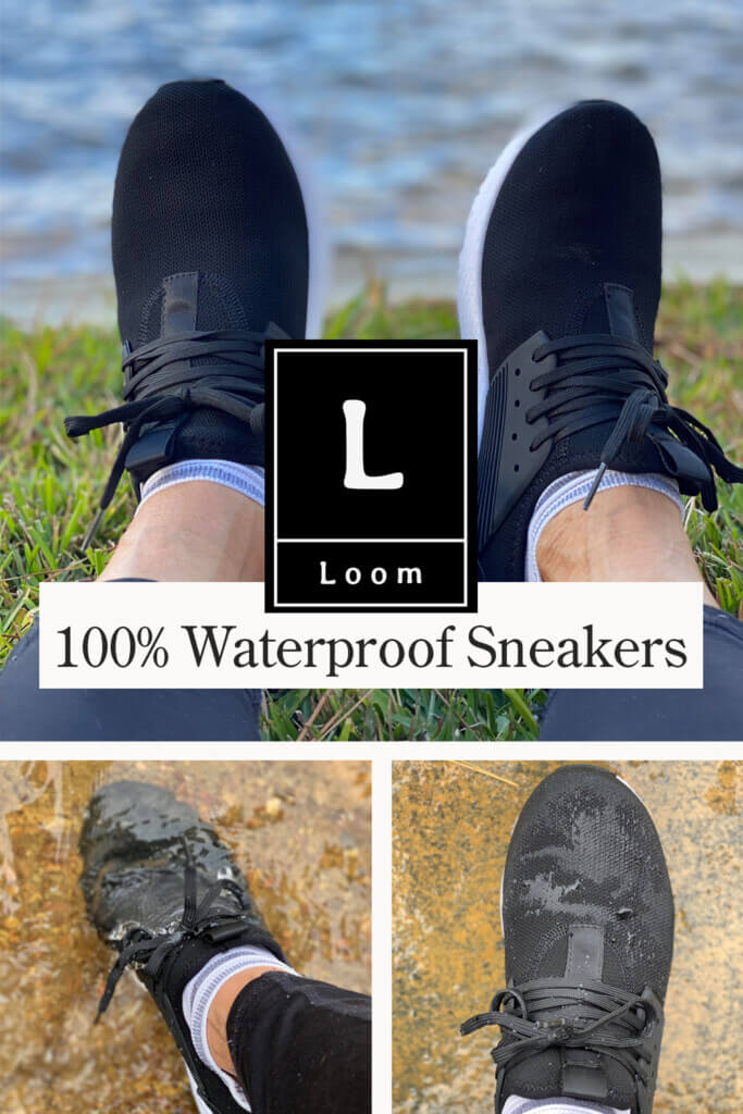 Loom Black Waterproof sneakers on my feet.