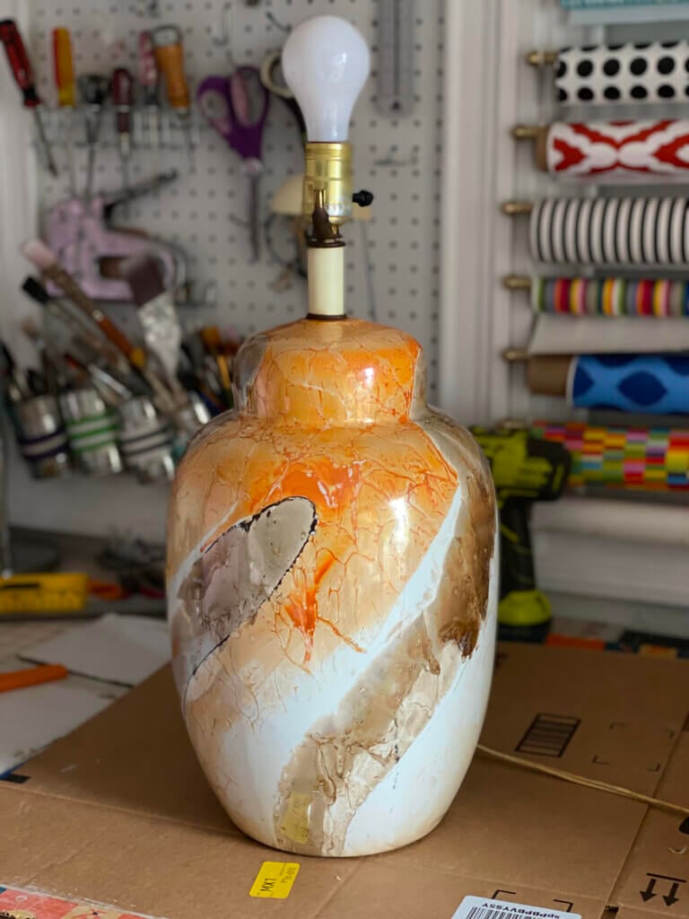 Before makeover shot of a Ceramic table lamp bought at a thrift store
