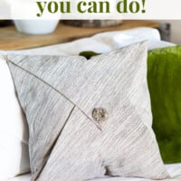 Pillow on sofa. Text overlay says Decorating you can do
