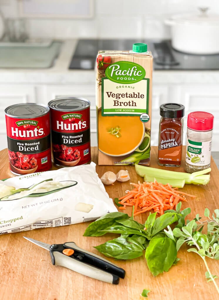 Ingredients needed to make Fire Roasted Vegan tomato soup.