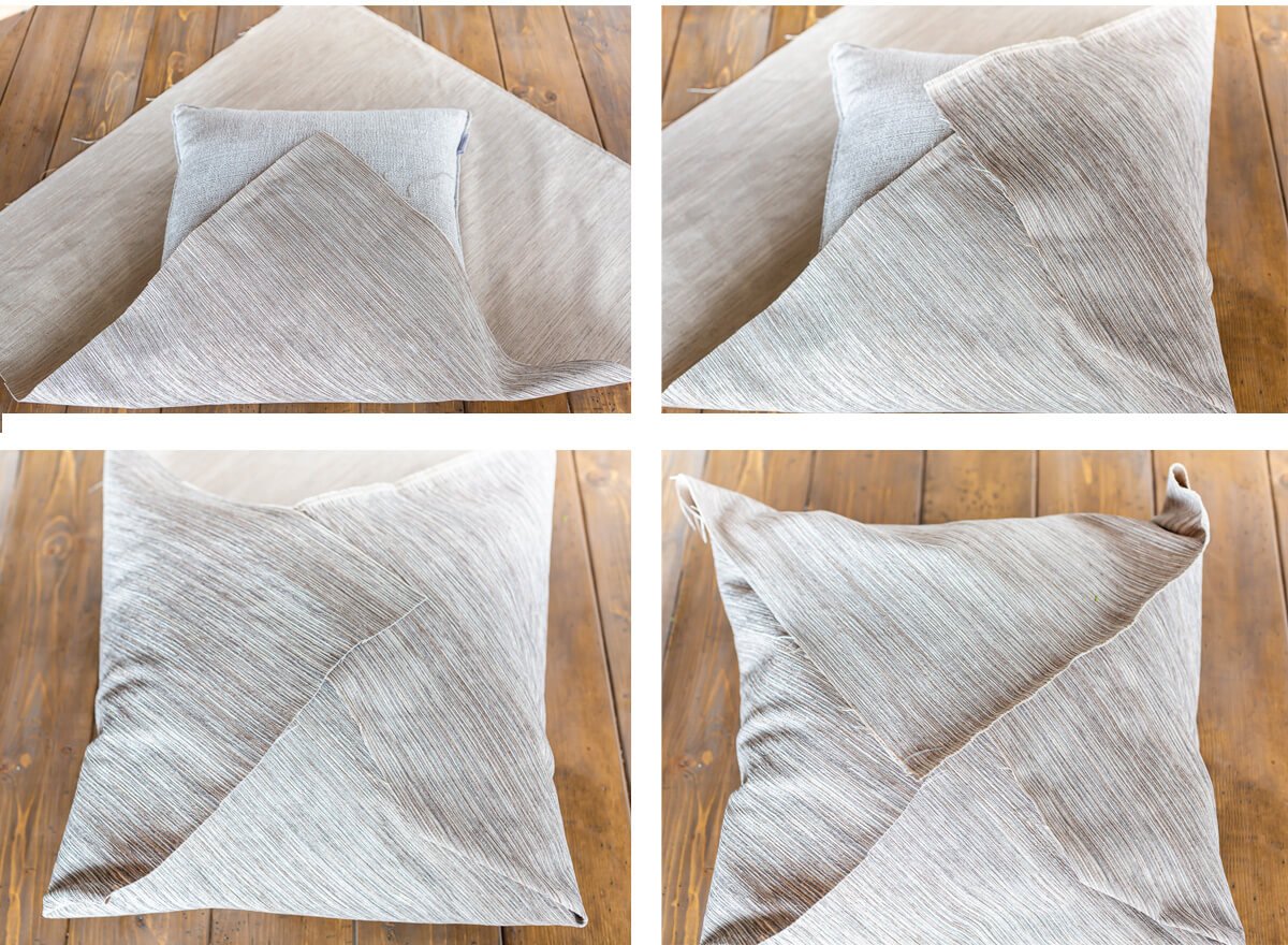Folding steps to create a decorative cover for a square throw pillow