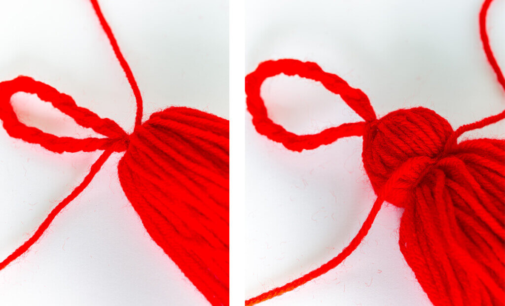 Attaching yarn ties to top of a red tassel