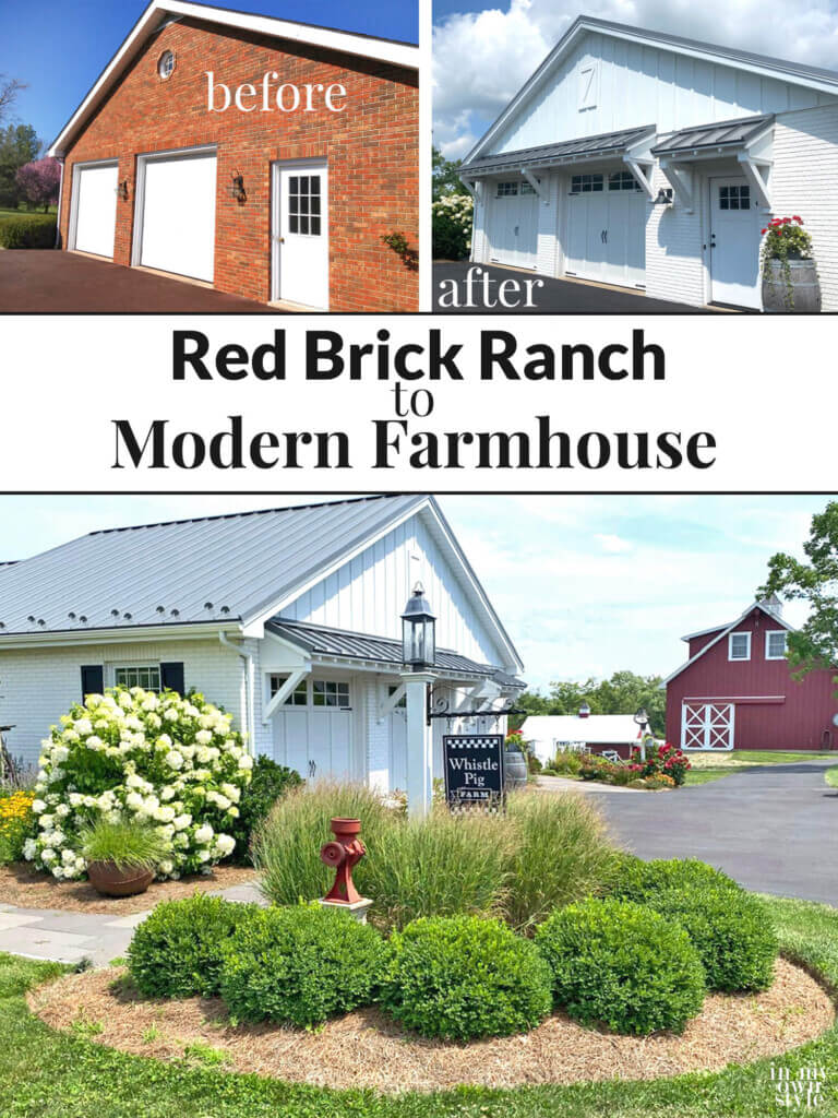 Red brick Ranch house Before and after makeover to a modern farmhouse