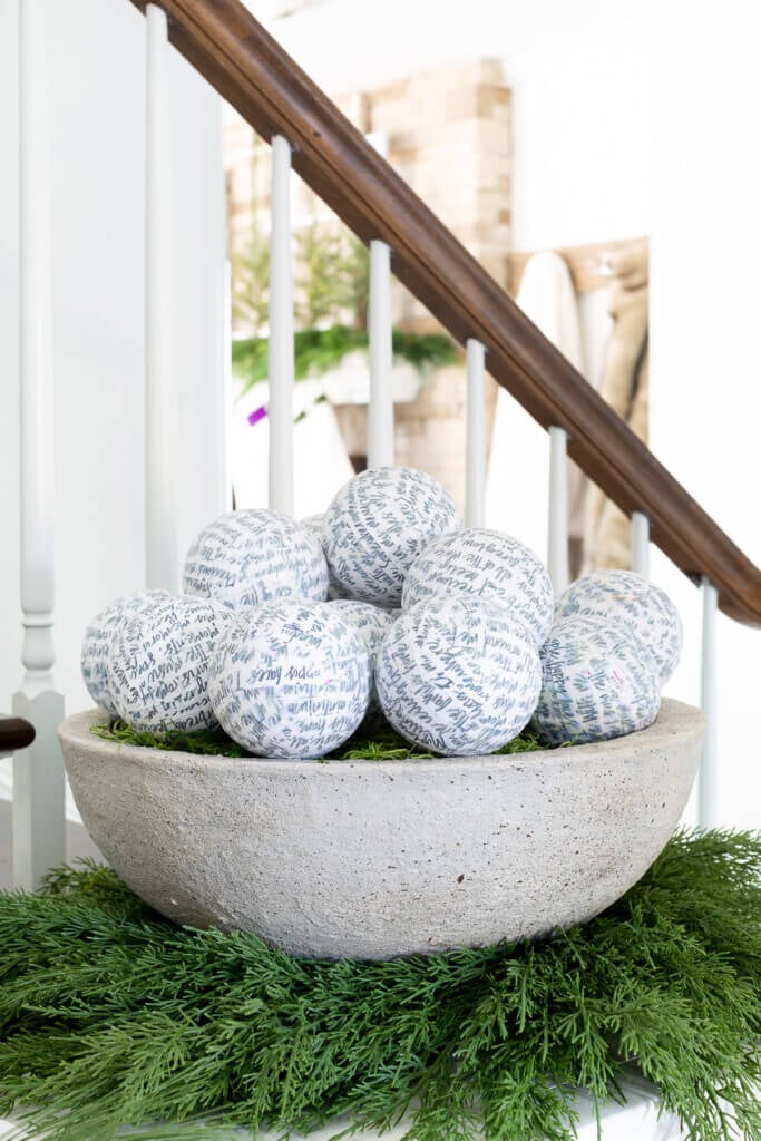 Large bowl filled with ball ornaments