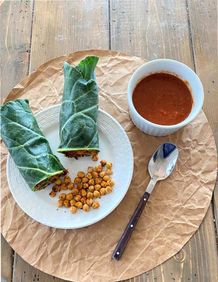 Collard green wrap and soup healthy lunch