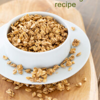 Homemade recipe of crunchy vegan rawnola. Shown in a bowl.