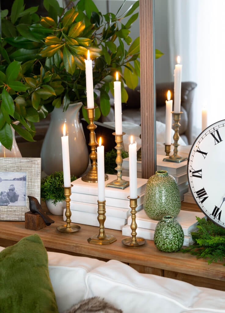 candlestick arrangements for a sofa table.