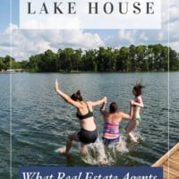 3 girls jumping into a lake - text overlay says Buying a lake house what real estate agents don't tell you.