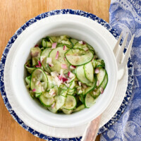 crunchy cucumber salad in a bowl on a table