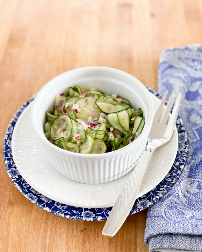Crunchy Cucumber salad in a serving bowl.
