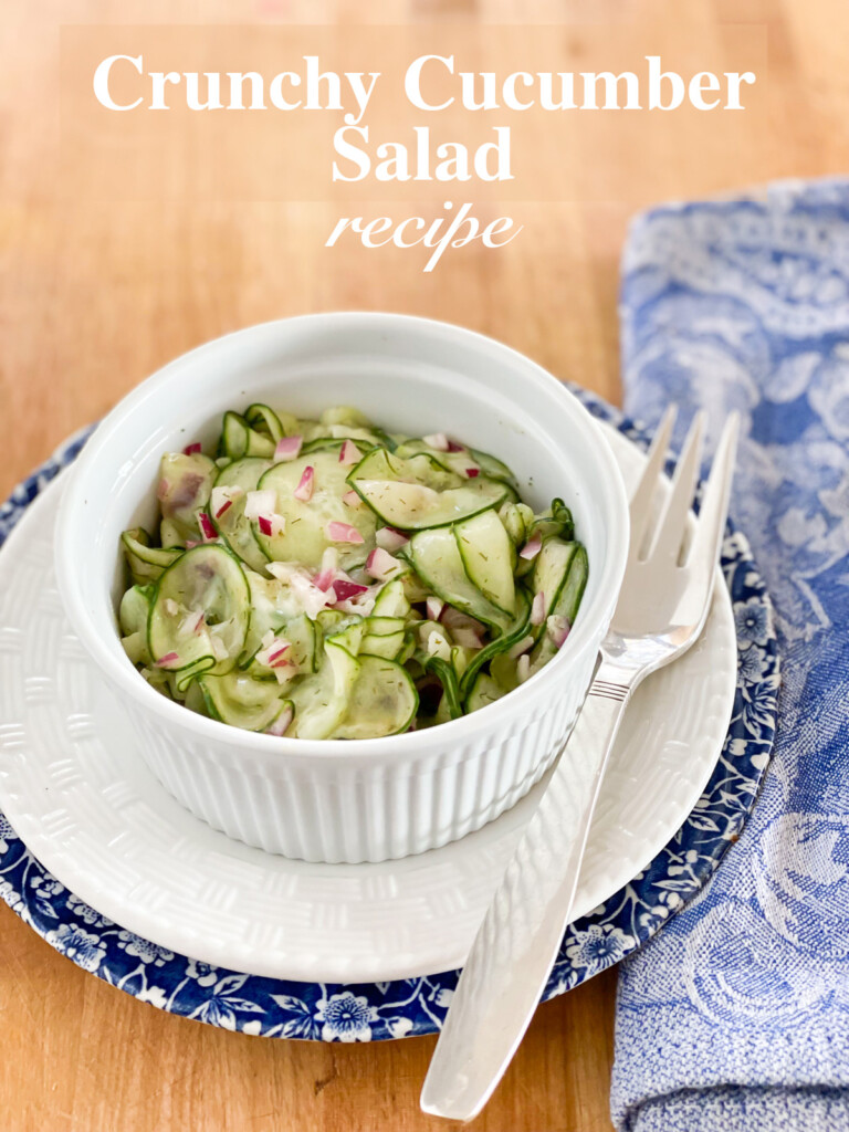 Crunchy cucumber salad recipe shown in bowl.