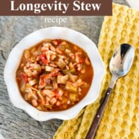 plant based no oil loongevity stew recipe in a white bowl