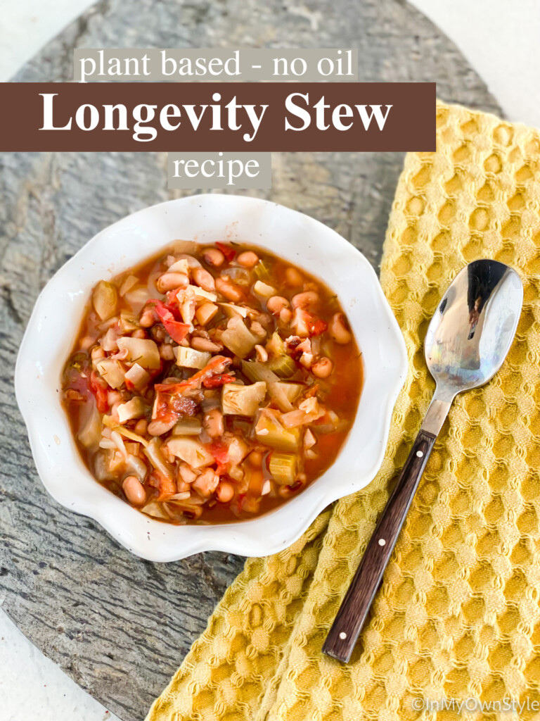 plant based no oil loongevity stew recipe in a white bowl
