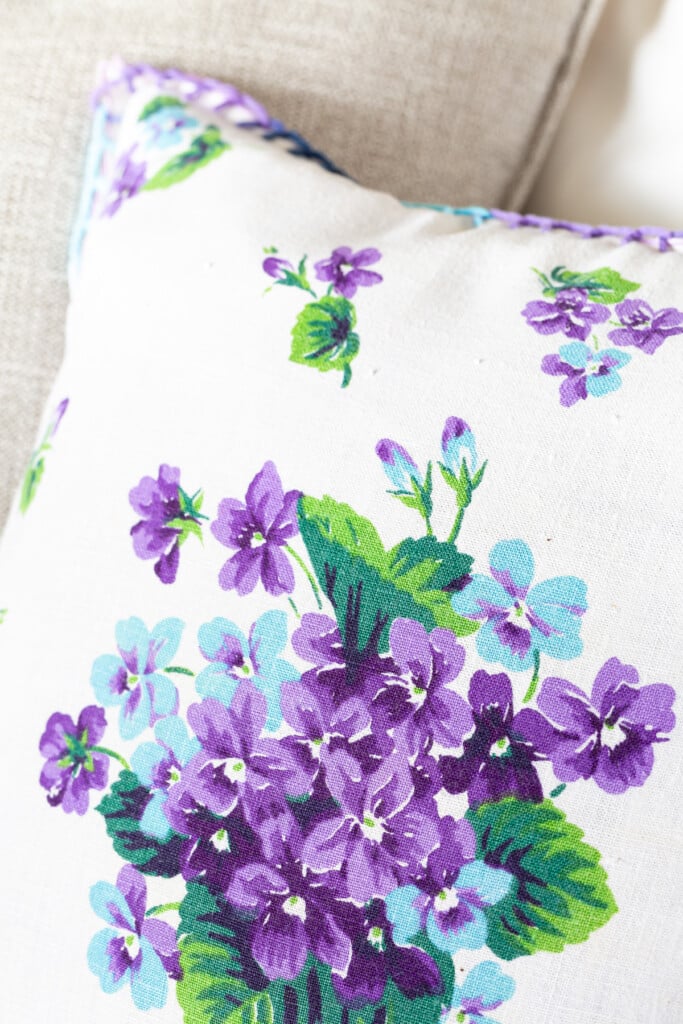 close up of flower pattern on vintage linen napkin
