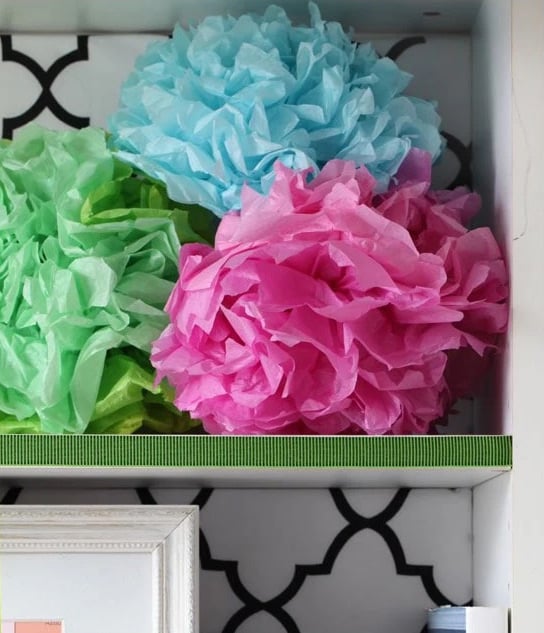 shelf styling idea using ribbon to add color