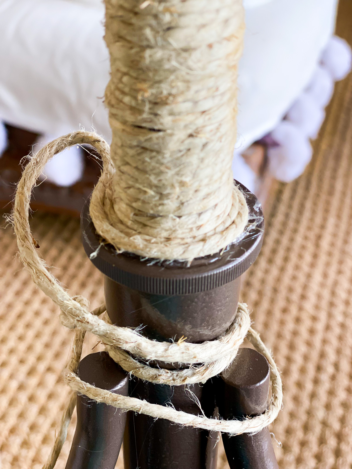 Where to place hot glue on leg of diy floor lamp makeover