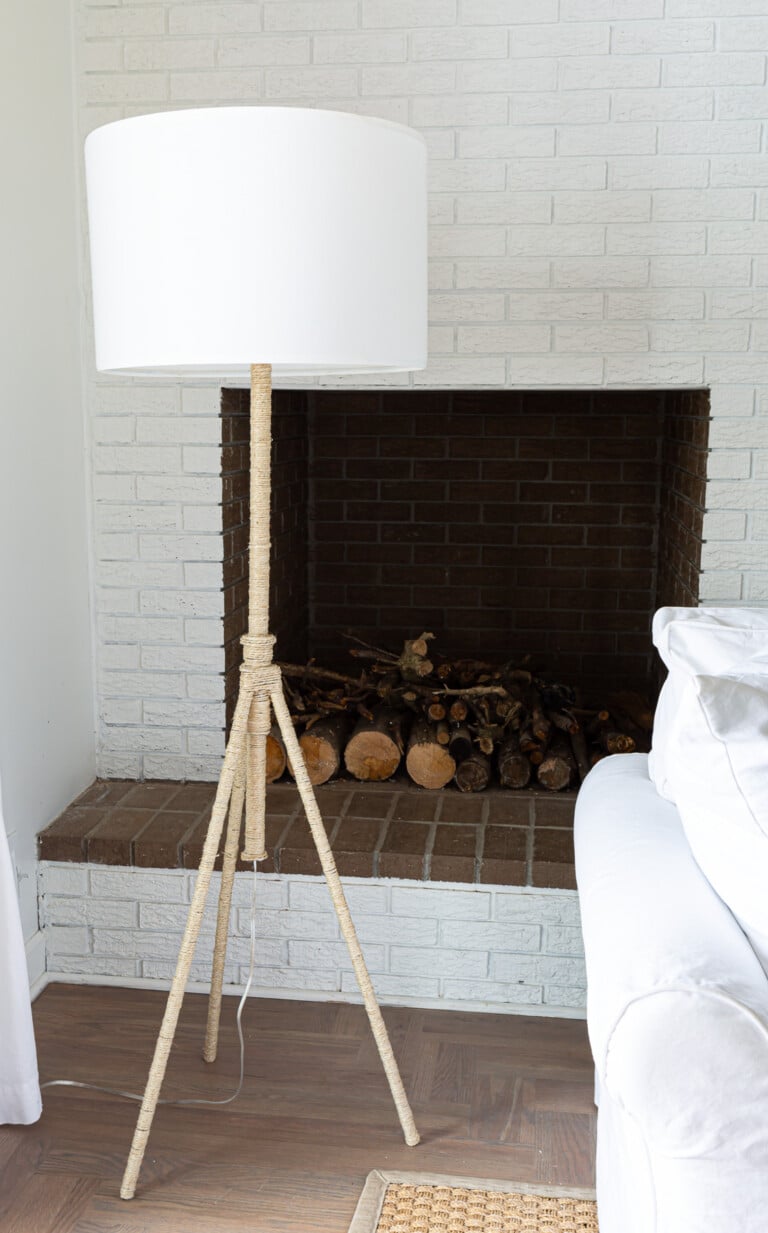 Completed DIY floor lamp makeover done by wrapping with polished hemp cord.