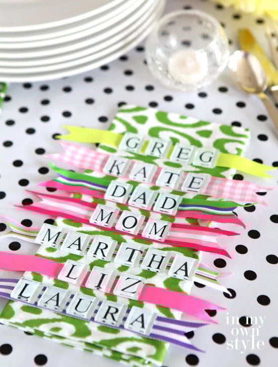 ribbon and glass tile dinner table place cards