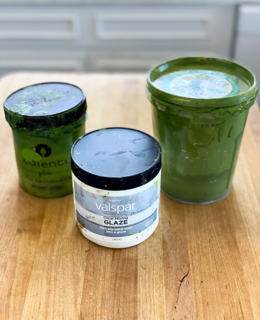 Paint and Valspar glaze to use to create aged finishes on painted furniture makeovers.