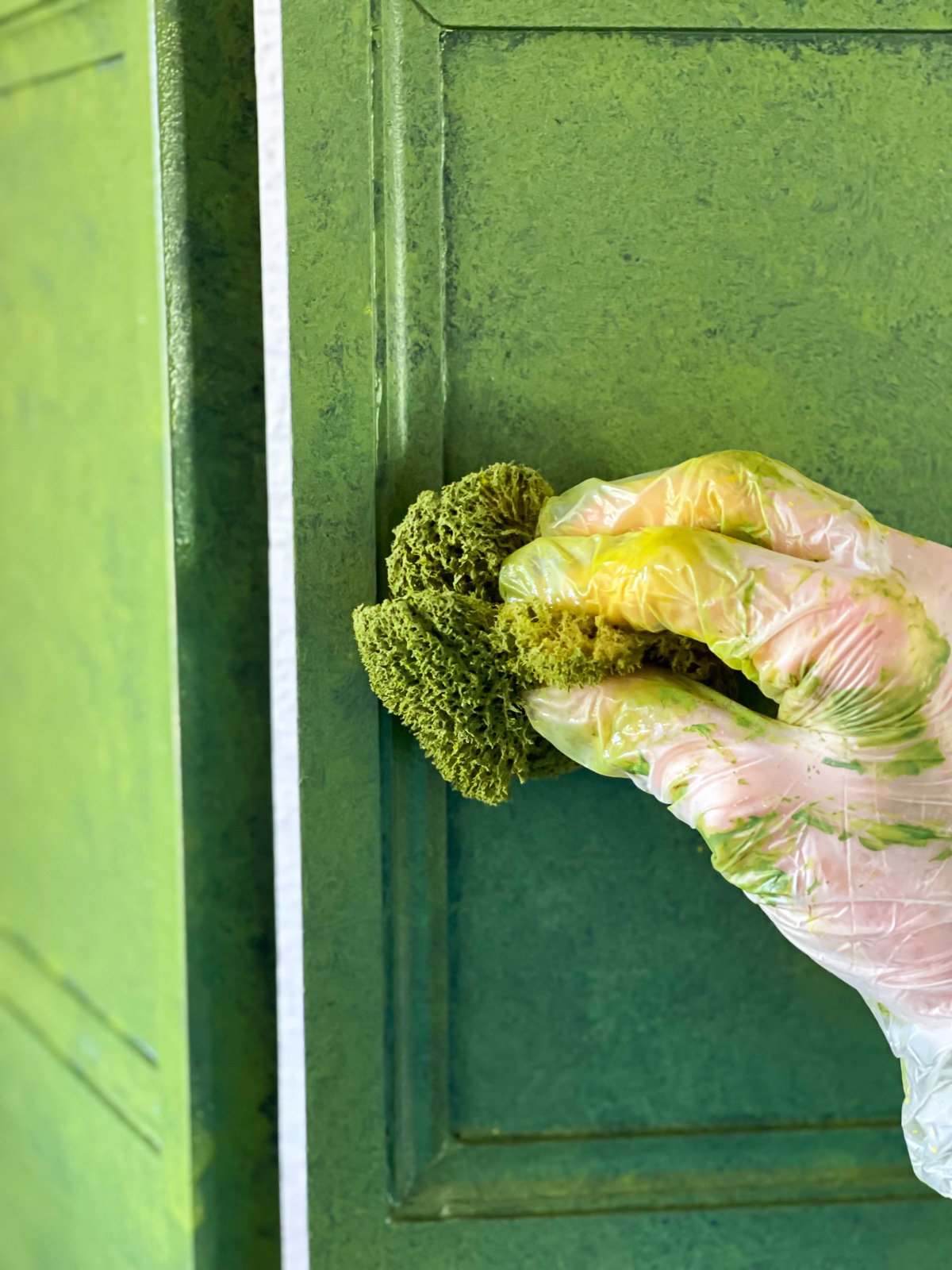 sponge on paint and glaze mix to create a transparent affect that looks antiqued.