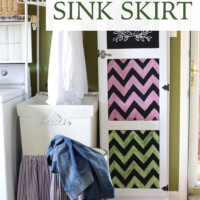 Utility sink in laundry room. Text overlay says easy to make sink skirt.