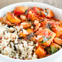 plant based chili in a bowl - kale chili with sweet potatoes