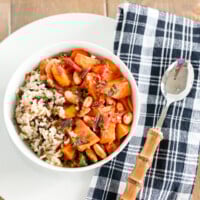 bowl of kale chili with sweet potatoes and rice