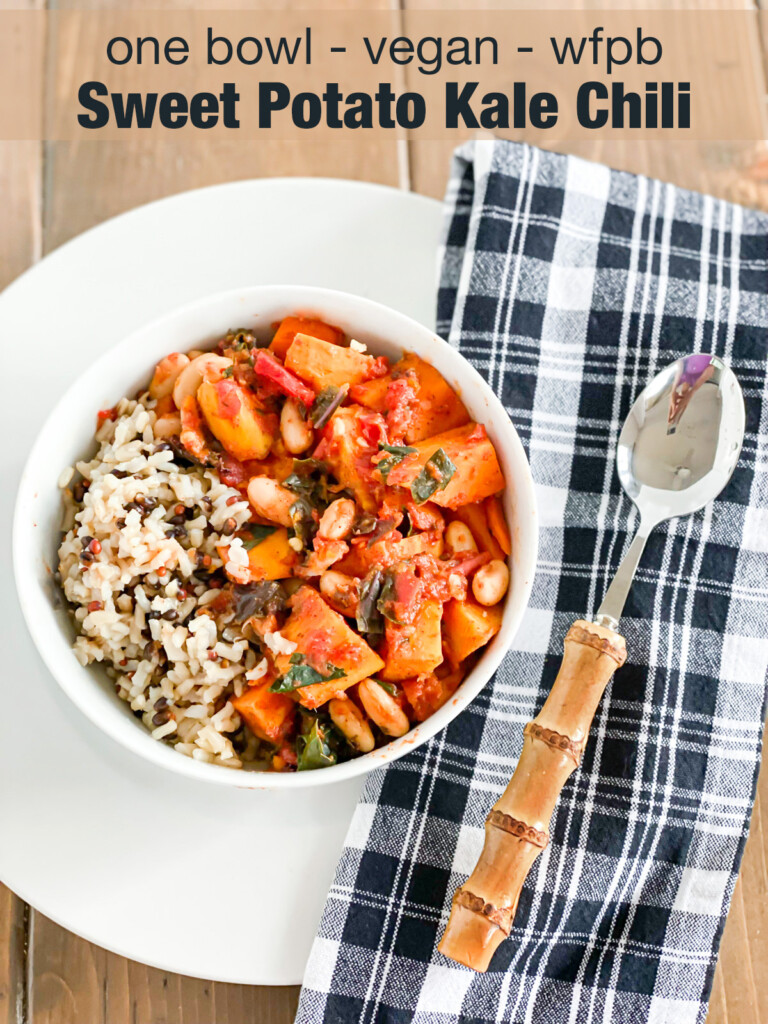 bowl of kale chili with sweet potatoes and rice