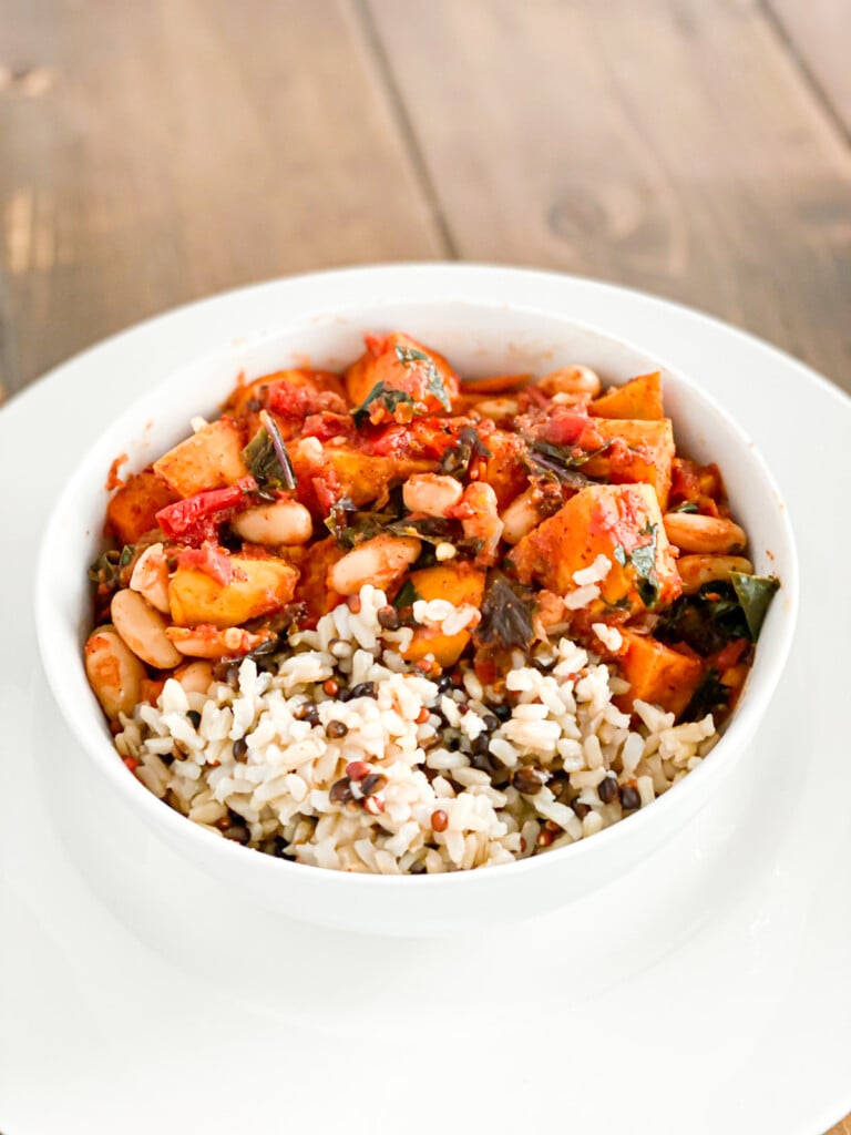 cooking with plants - kale and sweet potato stew in a bowl