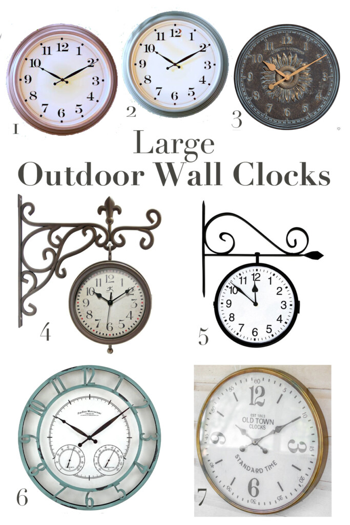 Photo to 7 clocks to buy. Text says: Large Outdoor Wall Clocks.