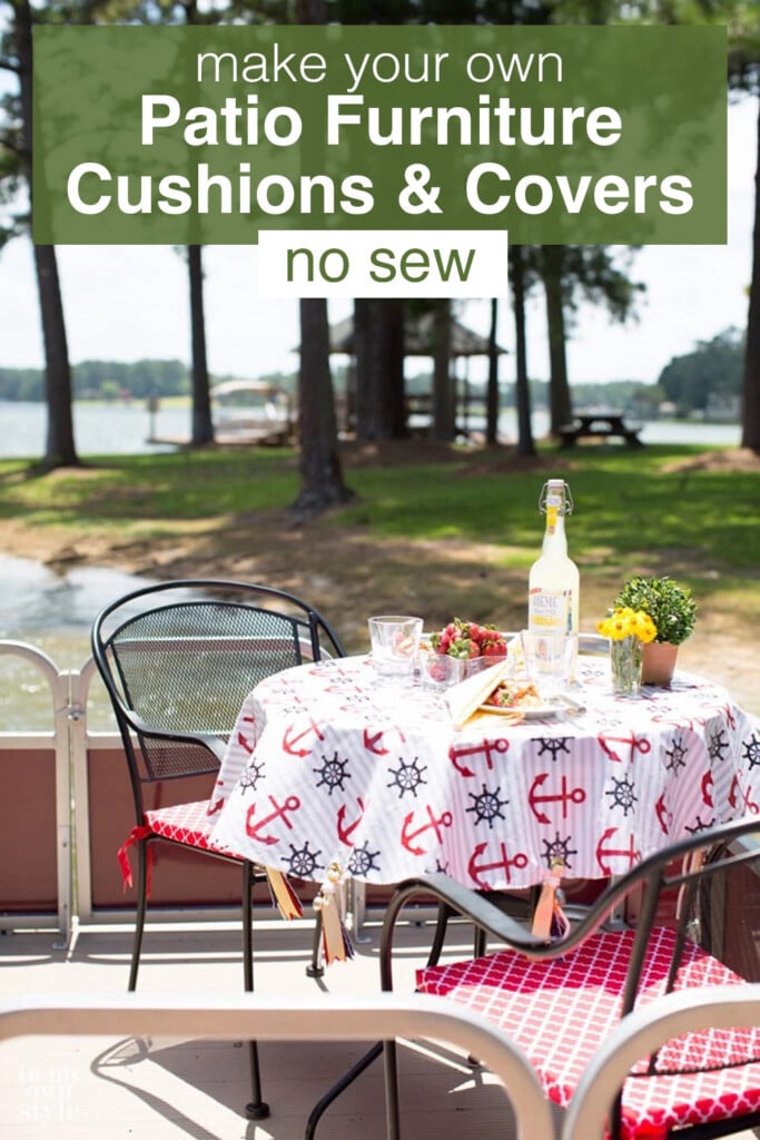 Outdoor wrought iron patio table and chairs set for lunch along the shores of a lake.