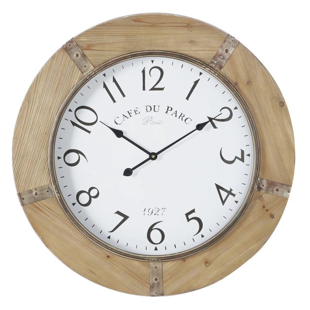 Round-Rustic-Wall-Clock-w-Solid-Wood-Frame-and-Decorative-Design