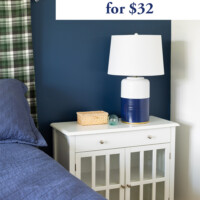 Blue and white decorated bedroom. Text overlay says - Serena & Lily $498 table lamp for $32