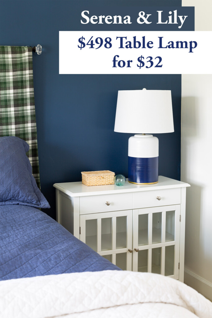 Blue and white decorated bedroom. Text overlay says - Serena & Lily $498 table lamp for $32