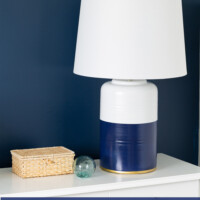 Blue and white table lamp on table. Text says Serena & Lily Table Lamp Dupe.