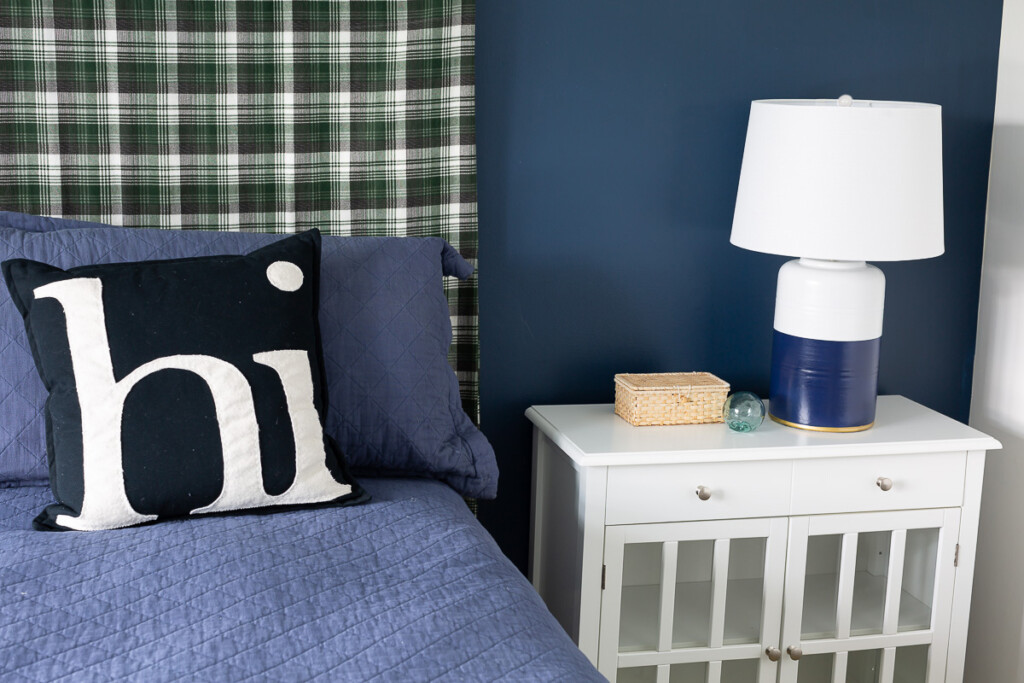 Blue and white bedroom with completed spray painted lamp inspired by a Serena and Lily table lamp.