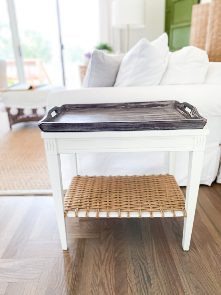 dark wood tray on top of white painted diy end table makeover
