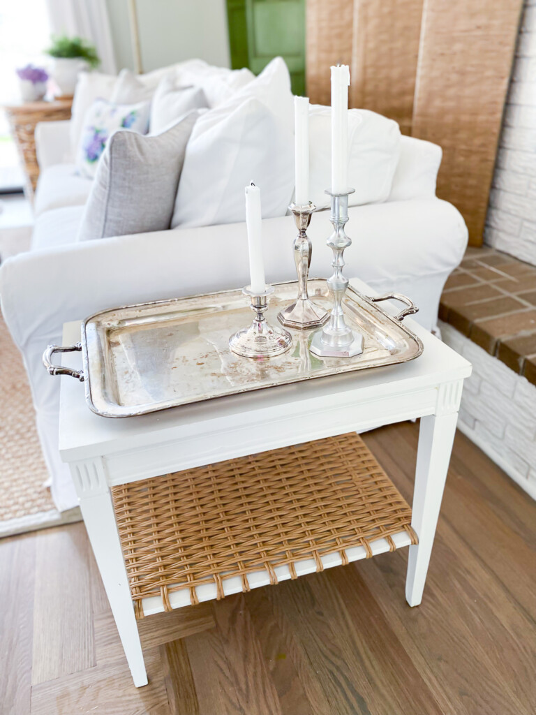 silver tray with candles on top of wood end table makeover