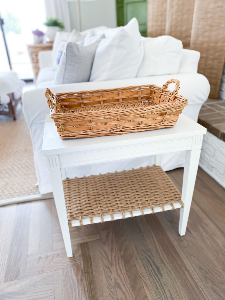 wicker basket on wood end table makeover