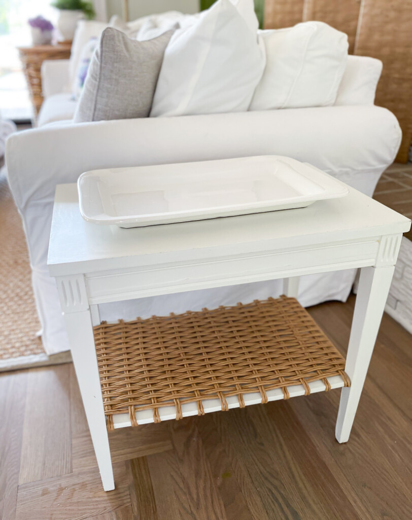 White ceramic platter on two tier end table makeover