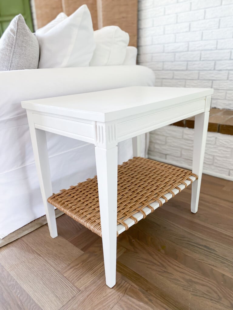 After image of thrift store table makeover that used paint and fiber rush.