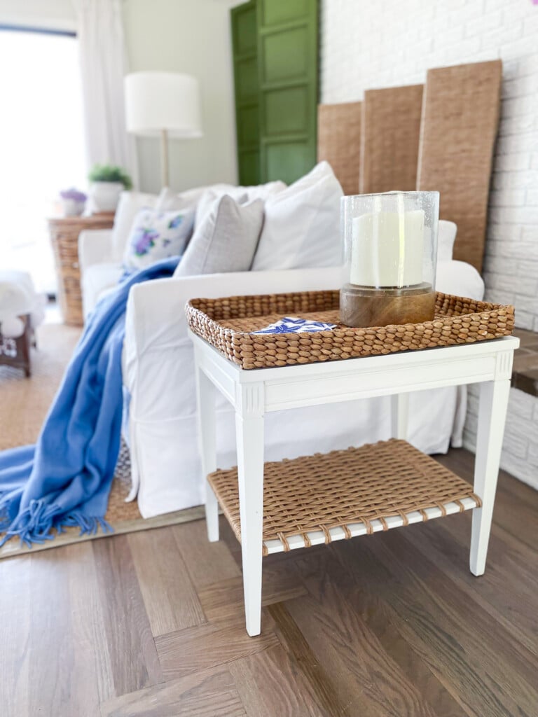 coastal style living room with diy end table makeover.