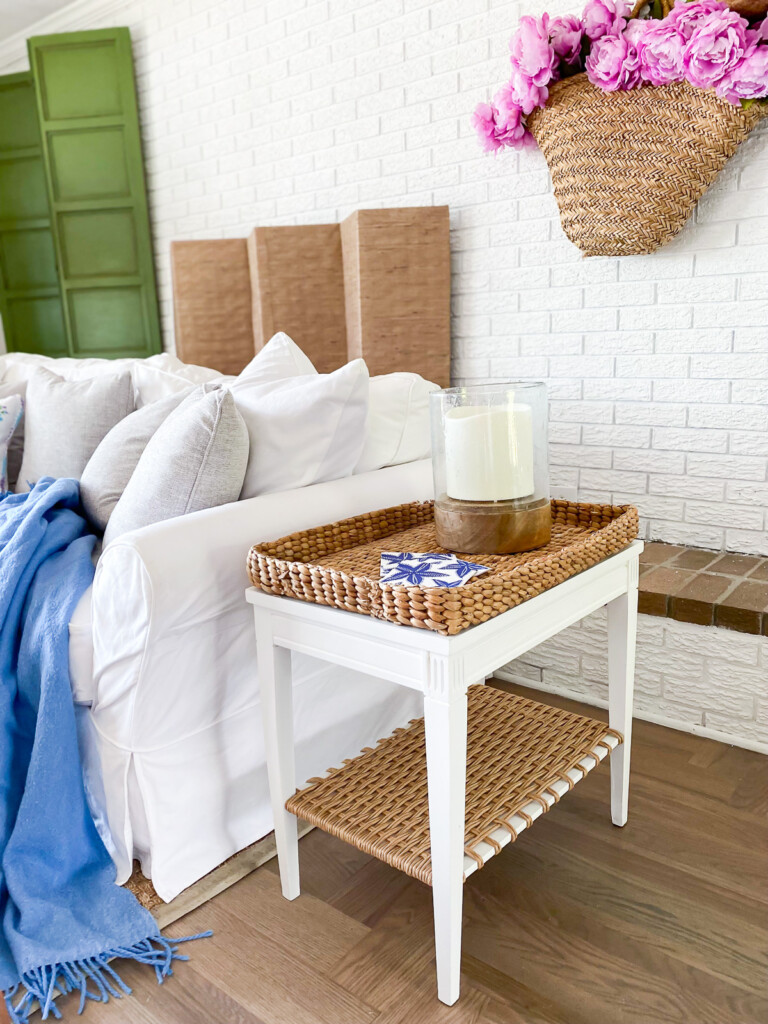 end table makeover on side of sofa in living room.