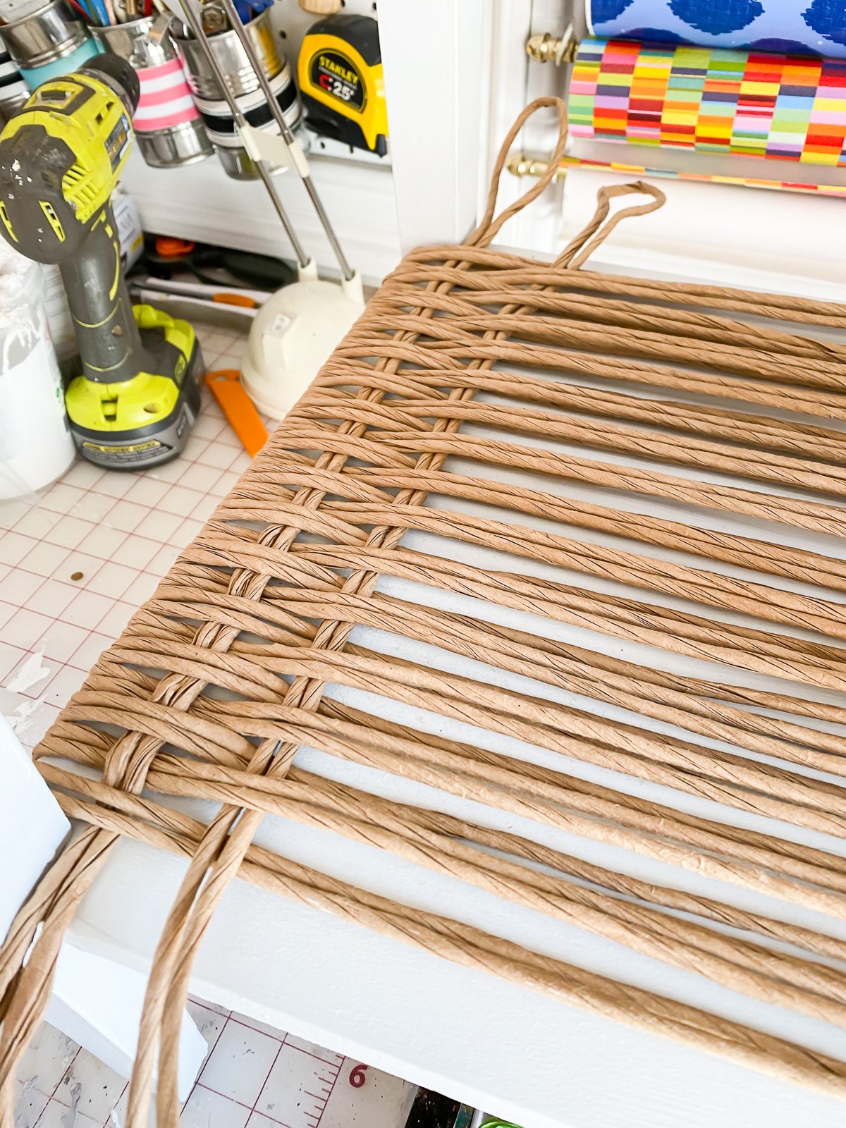 close up of how to weave rushing on an end table